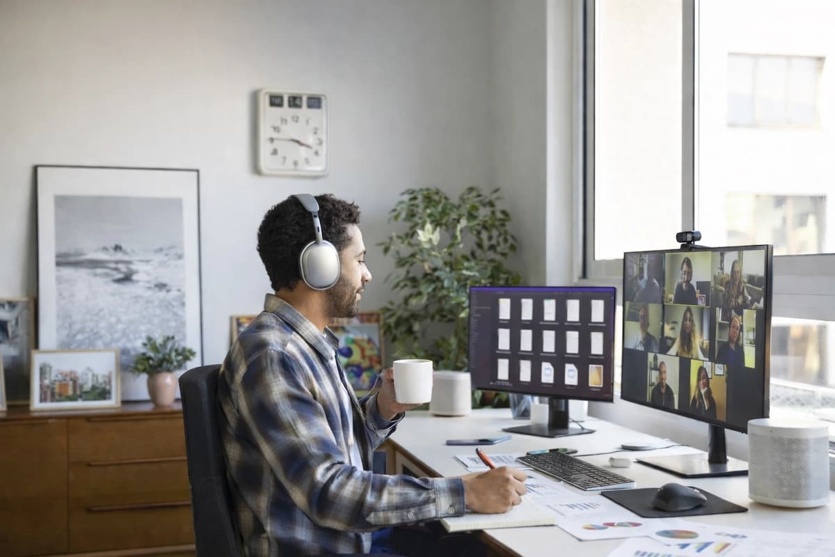 Modern home office workspace with monitor and desk setup