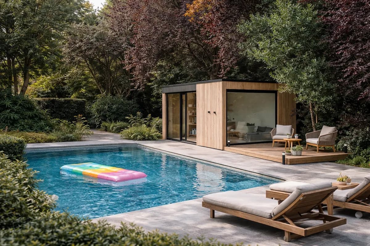 Modern pool house interior with smart home panel and pool view