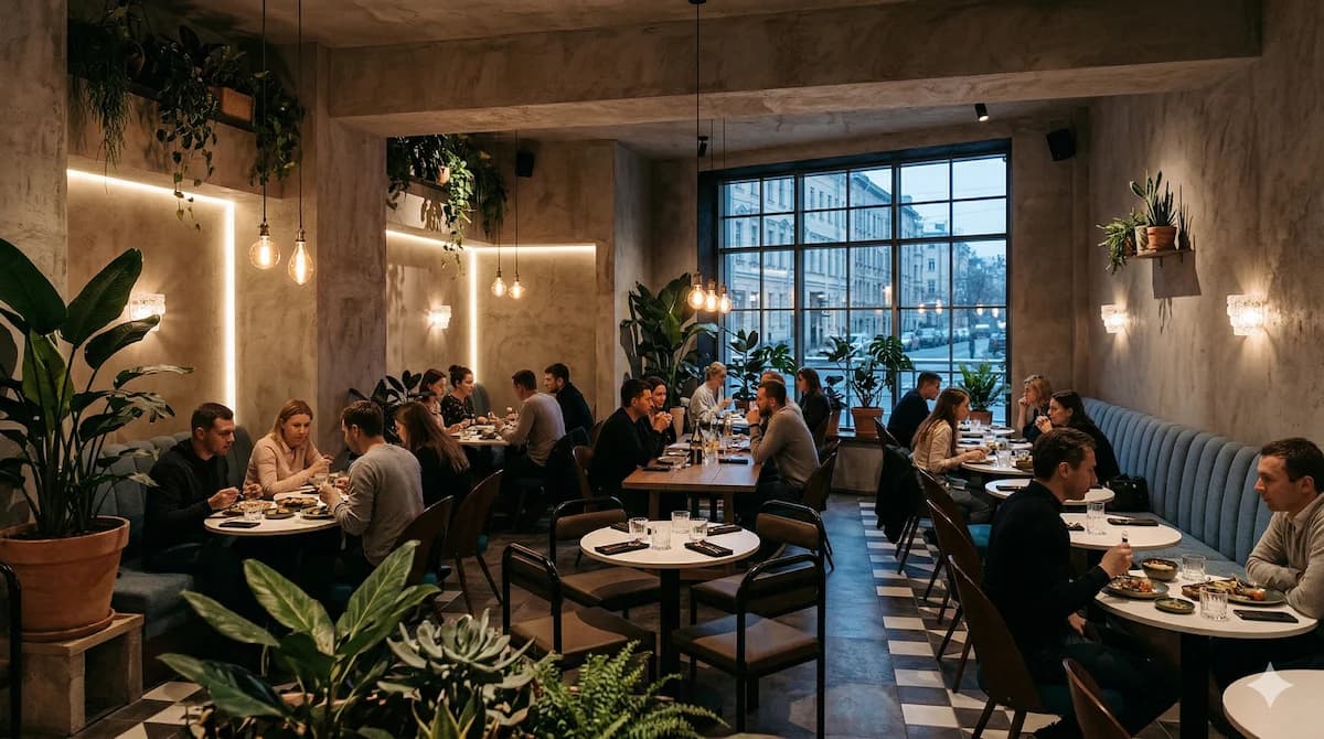 Restaurant interior with warm ambient lighting