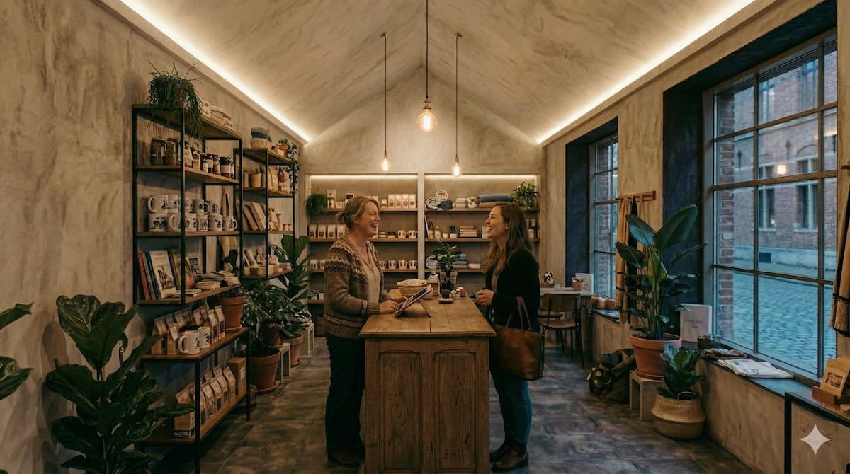 Modern retail space with warm ambient lighting